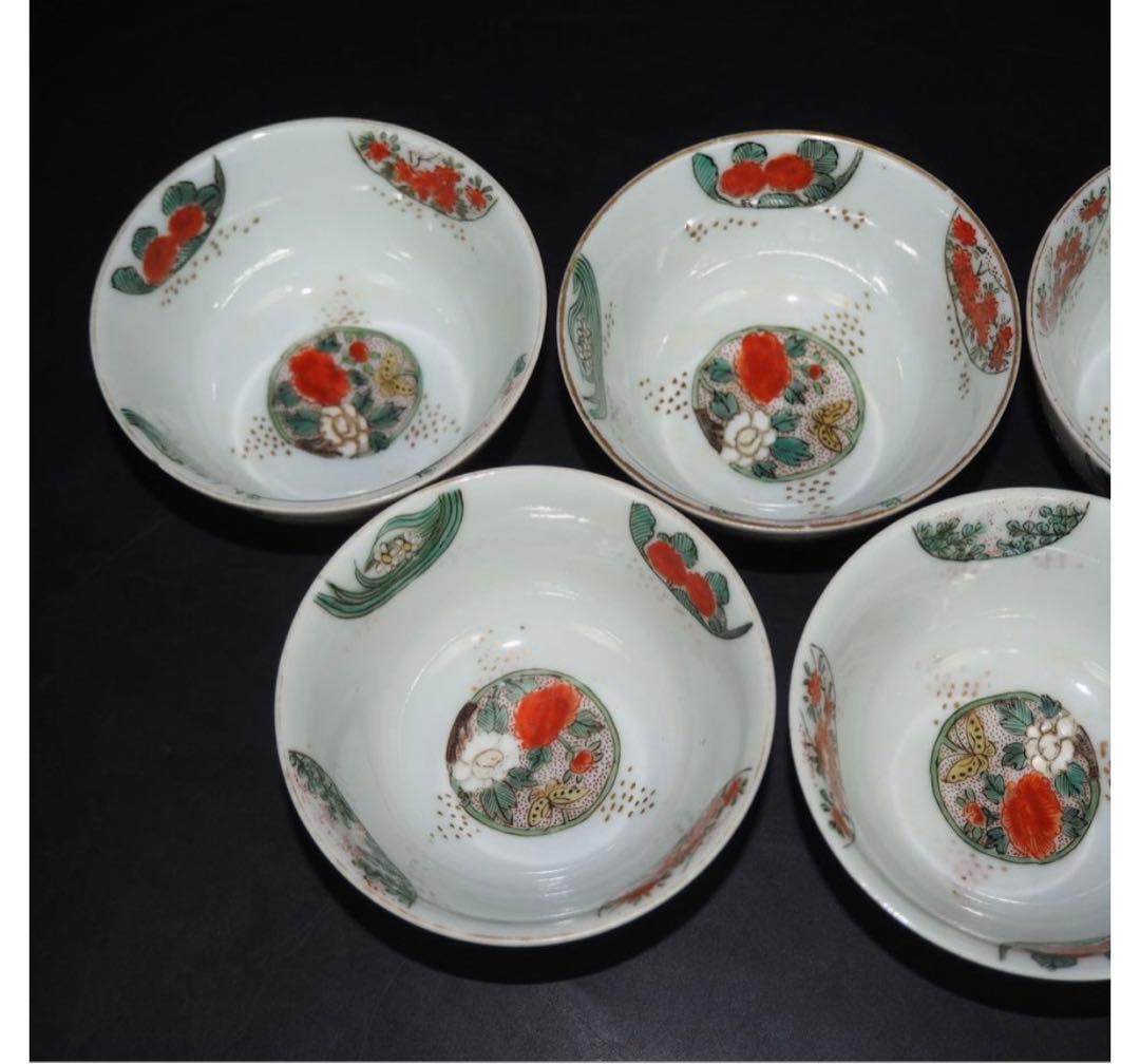 送料無料　江戸期　色絵煎茶碗5客　煎茶道具