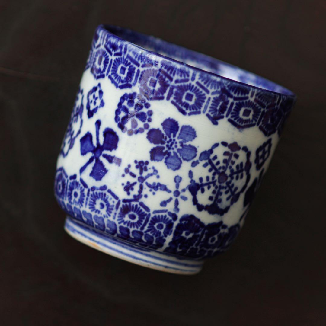 明治　大正　湯呑み　型紙摺　印判　雪輪　雪　結晶