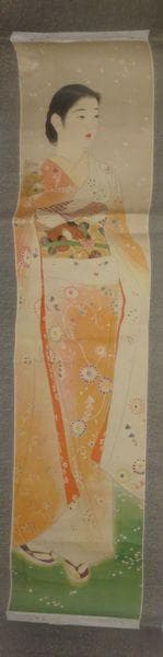 稀少 ヴィンテージ 山川秀峰 昭和風俗美人 『花』 美人画 着物 紙本 掛軸 ③