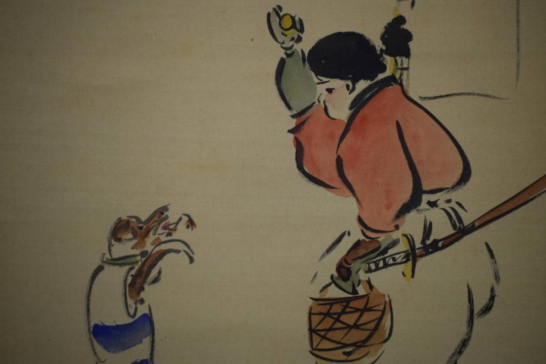 真作/巖谷小波/桃太郎/犬/きび団子/人物/日本一/布袋屋掛軸HJ-811