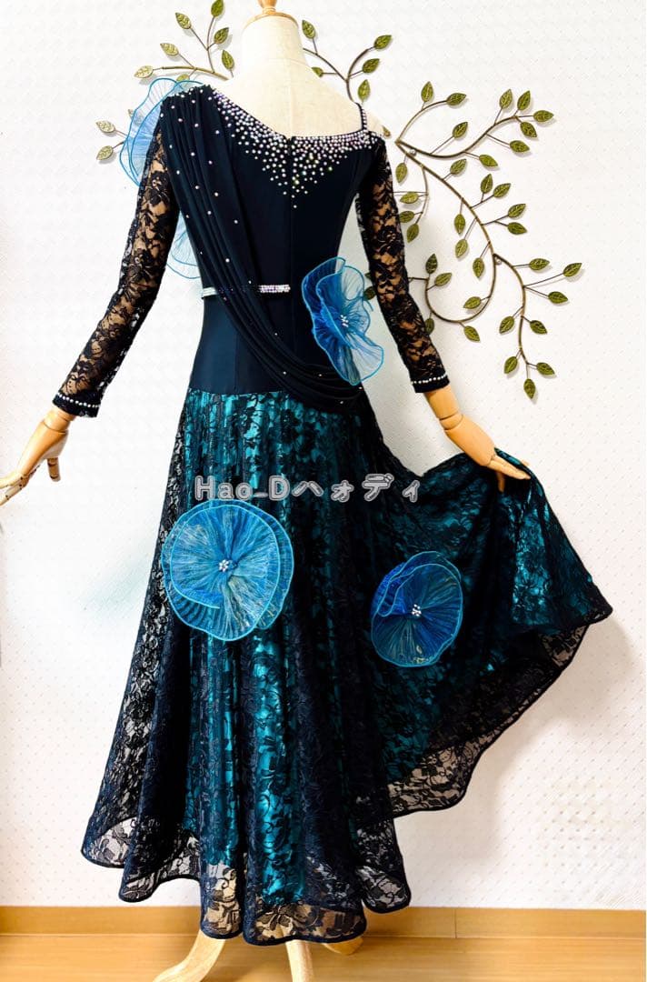 新品★ダンスドレス★スタンダード★社交ダンス★競技会★パーティー★黒&ターコイズ