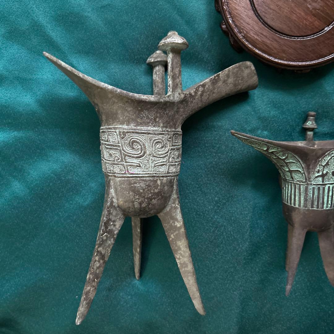 ★ 新品未使用】中国青銅器　爵　大小2点セット　飾り台付き　レプリカ