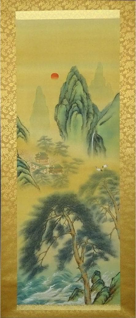 掛軸 松尾玲楓『蓬莱仙境 山水図』絹本 肉筆 共箱付 掛け軸 p11061