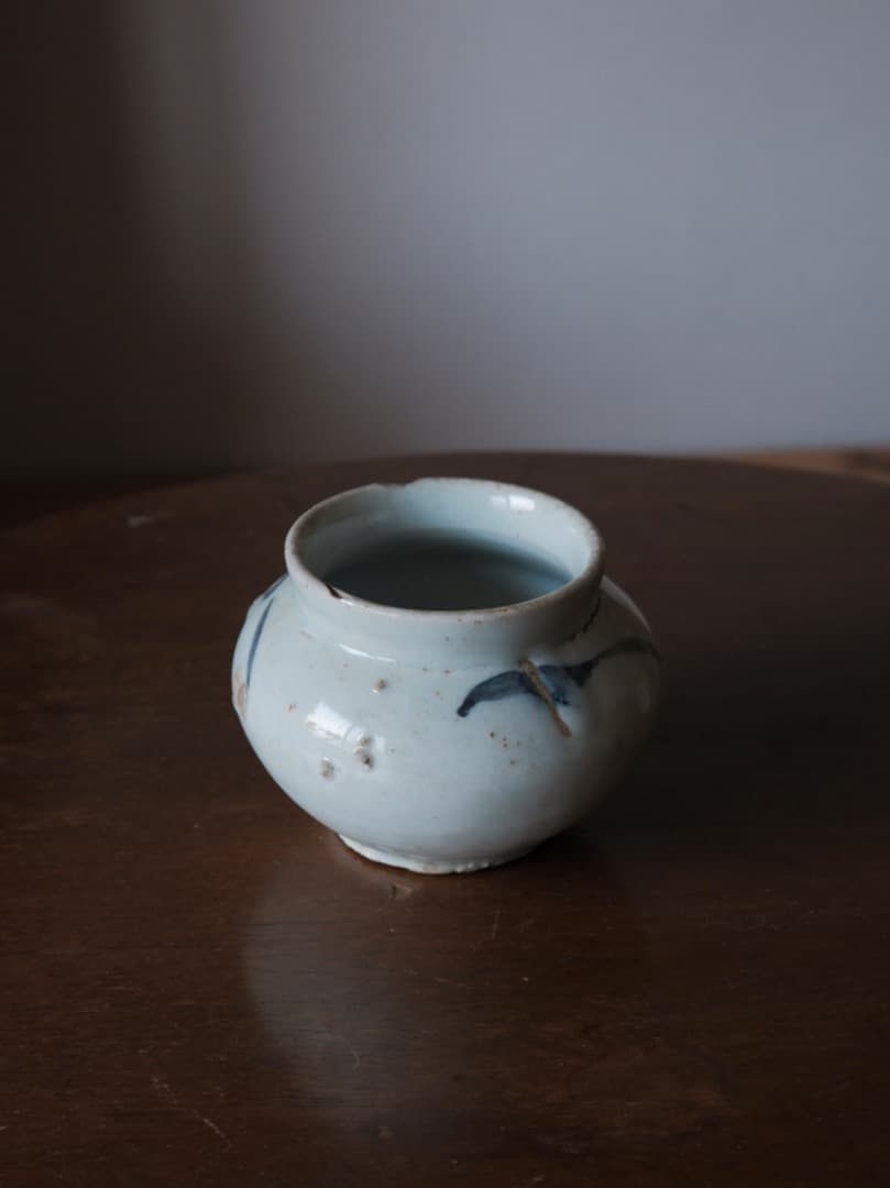 朝鮮美術　李朝白磁染付壺　李朝壷　李朝染付壺　華道具　朝鮮古陶　Q1900