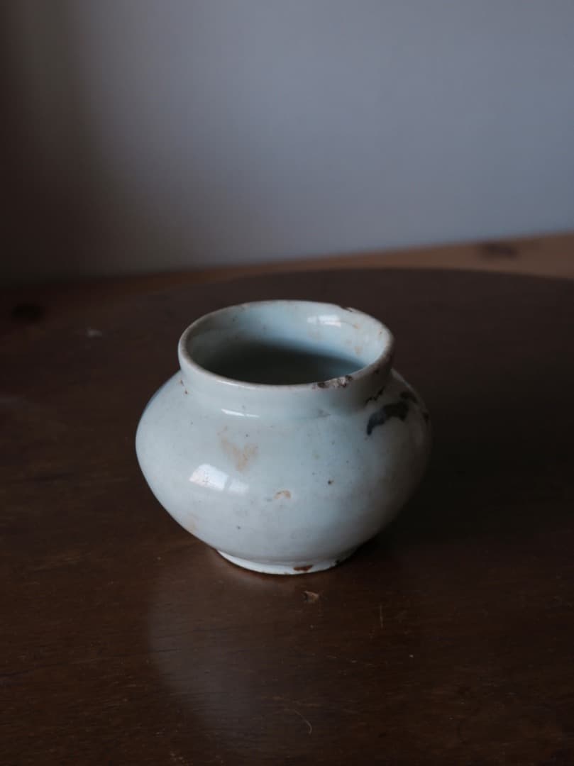 朝鮮美術　李朝白磁染付壺　李朝壷　李朝染付壺　華道具　朝鮮古陶　Q1900