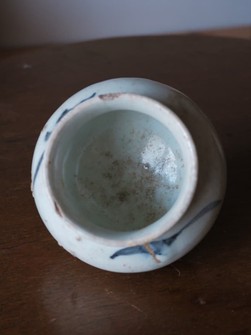 朝鮮美術　李朝白磁染付壺　李朝壷　李朝染付壺　華道具　朝鮮古陶　Q1900