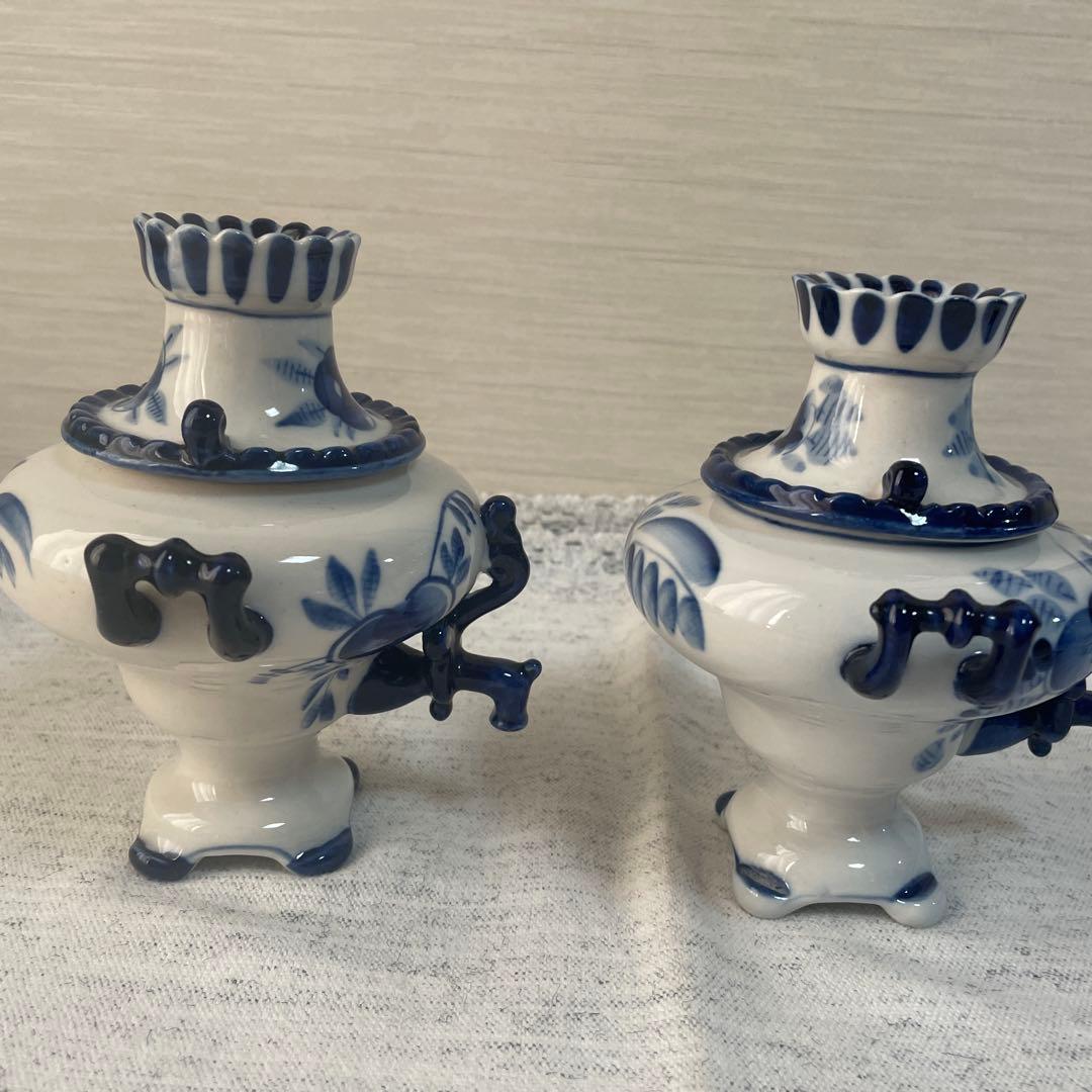 【値下げ】ロシア　グジェリ焼き　陶器 サモワール　ティーポット　ブルー　ペア