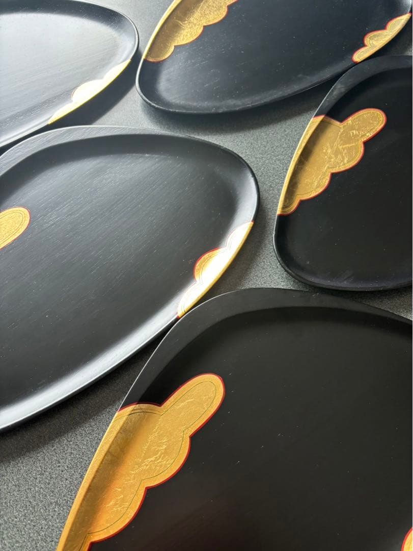 象彦:漆器、源氏雲 蛤形菓子盆 5枚セット、源氏雲シリーズ、本金箔