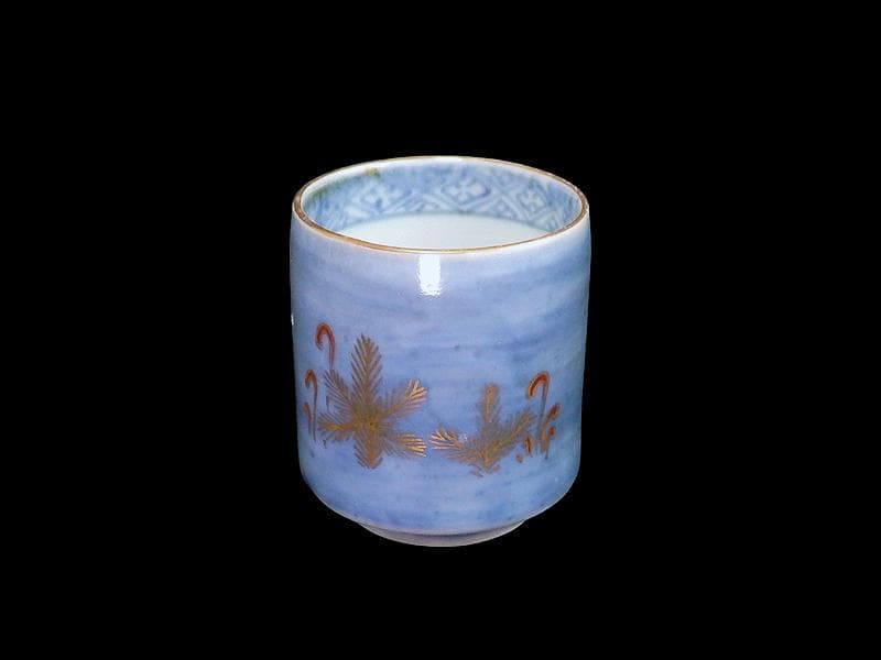 古伊万里　薄瑠璃色　若松の図　のぞき　猪口　C833 AS-CYe