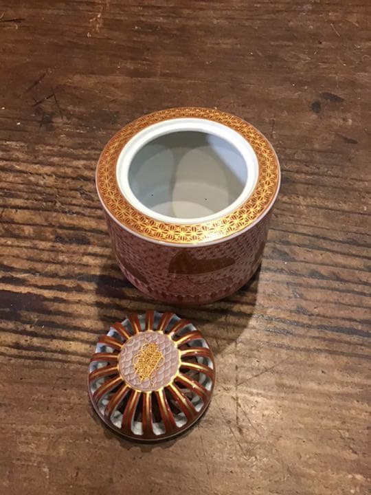 西野昭月　赤絵細密細描小紋香炉　九谷焼