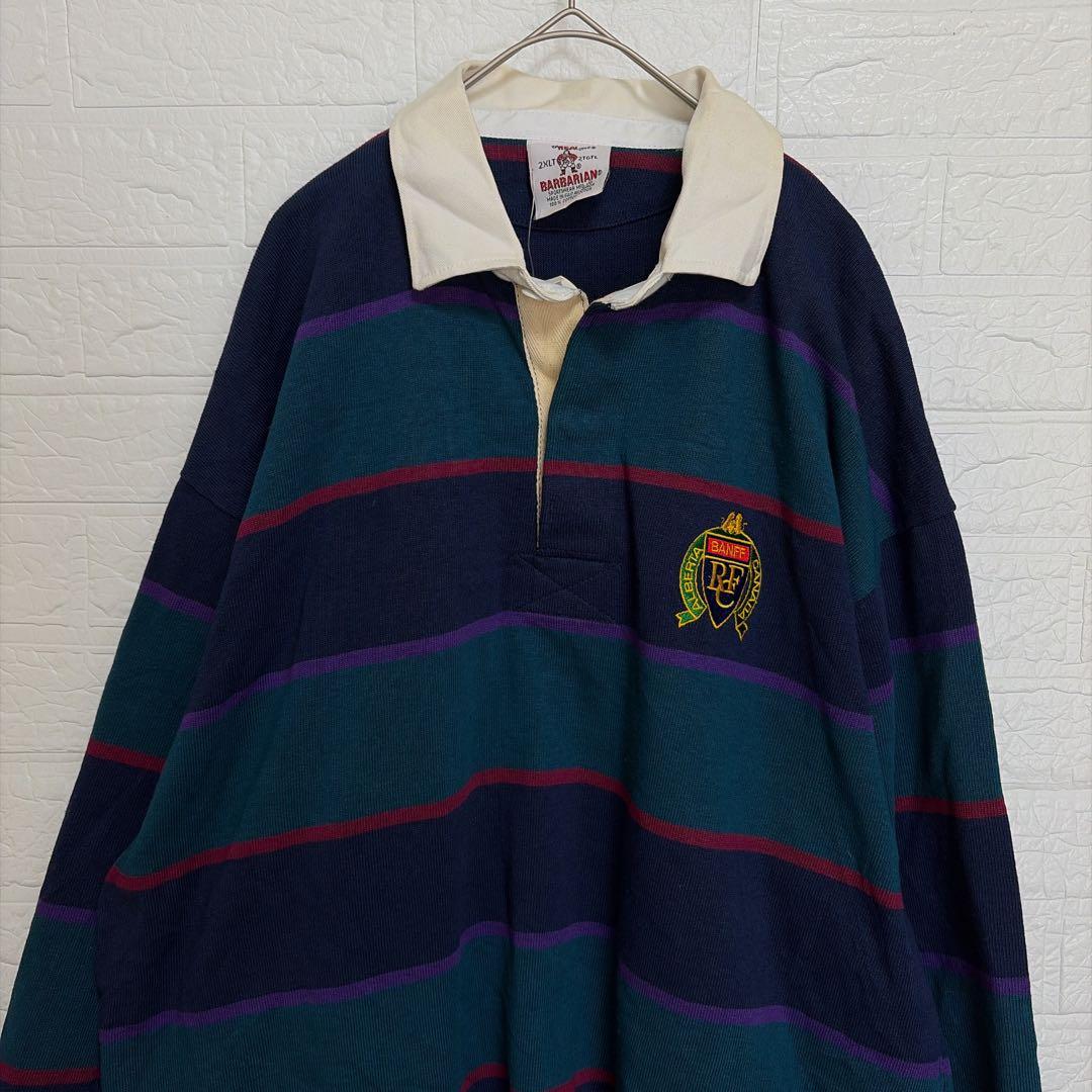 希少2XLT 90s BARBARIAN 厚手ラガーシャツ ボーダー 刺繍ロゴ
