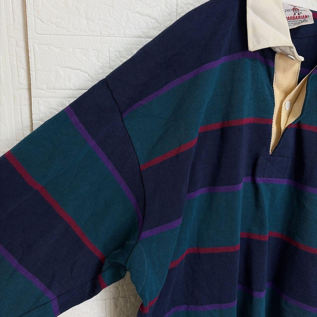 希少2XLT 90s BARBARIAN 厚手ラガーシャツ ボーダー 刺繍ロゴ