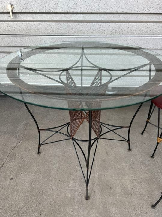 アジアン家具 ガラス丸テーブル ガーデンアイアンテーブル チェアセット