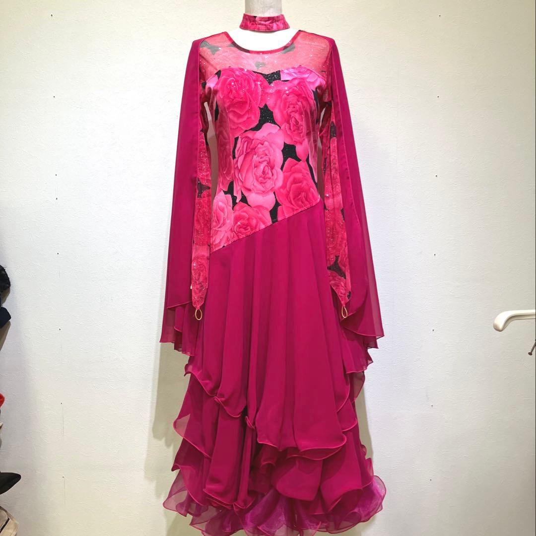 社交ダンス　スタンダードドレス　モダンドレス　ピンク　薔薇プリント