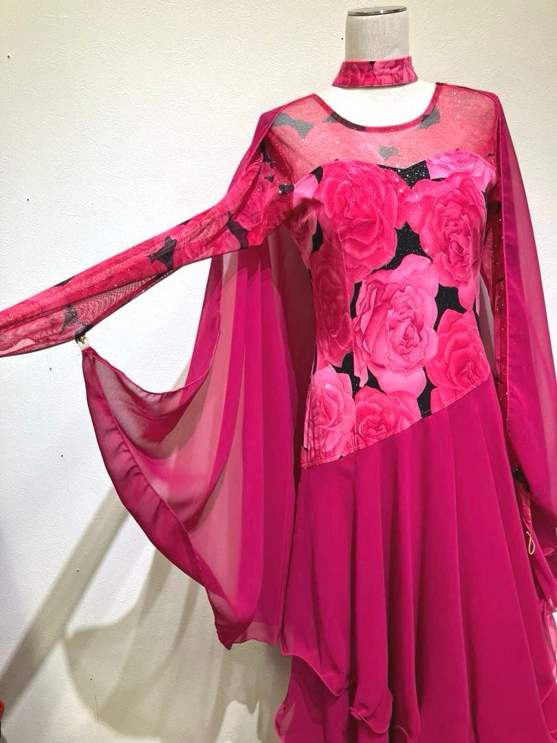 社交ダンス　スタンダードドレス　モダンドレス　ピンク　薔薇プリント