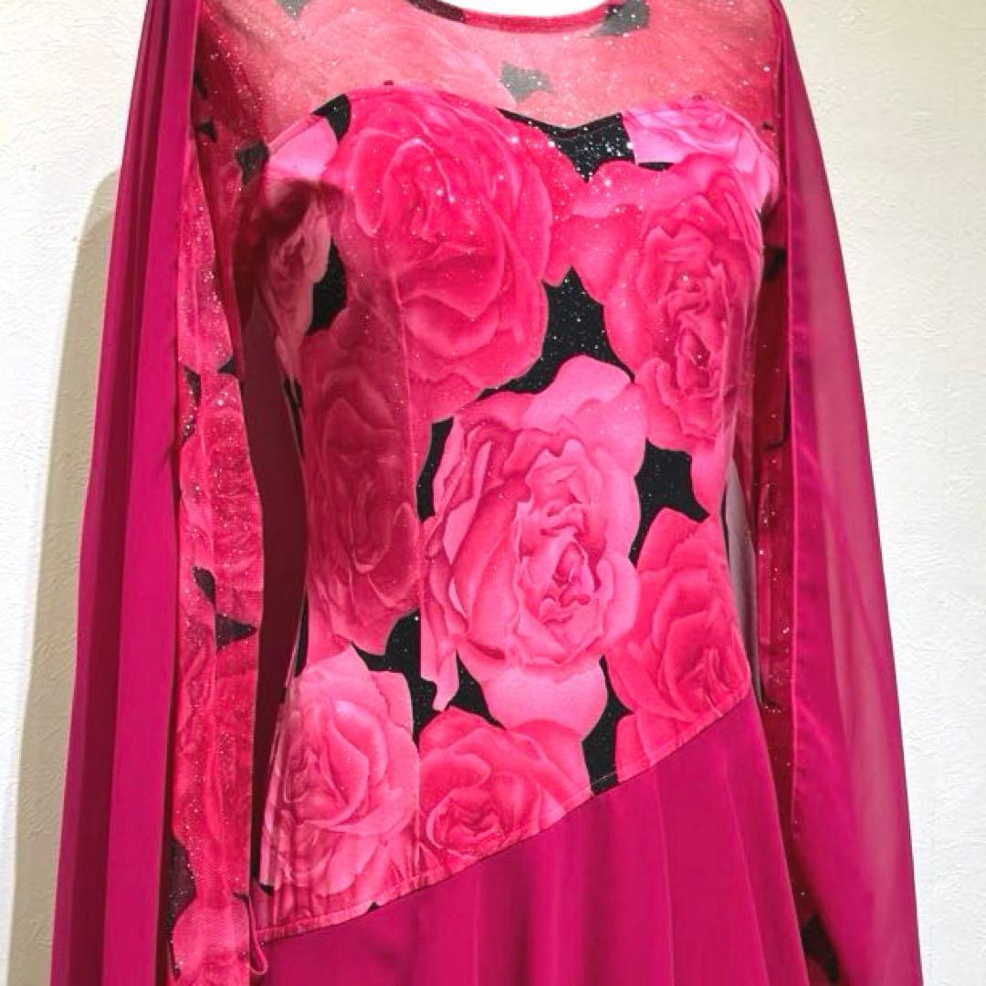 社交ダンス　スタンダードドレス　モダンドレス　ピンク　薔薇プリント