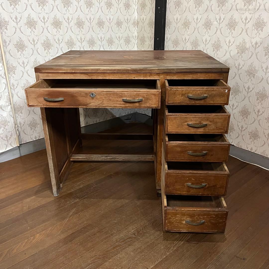 【アンティーク】昭和レトロ 木製 無垢材 片袖机 勉強机 デスク 古家具 古道具
