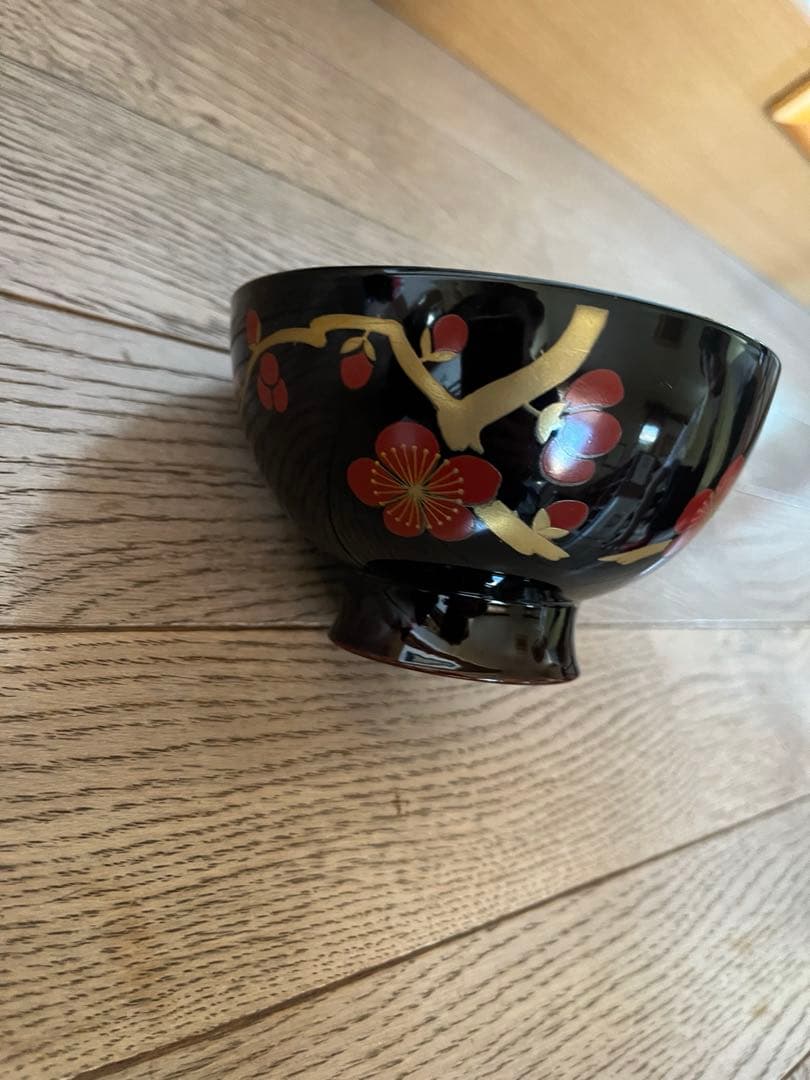 会津塗　本漆仕上　御吸物椀　乙造作　紅梅　黒　新品未使用　共箱付