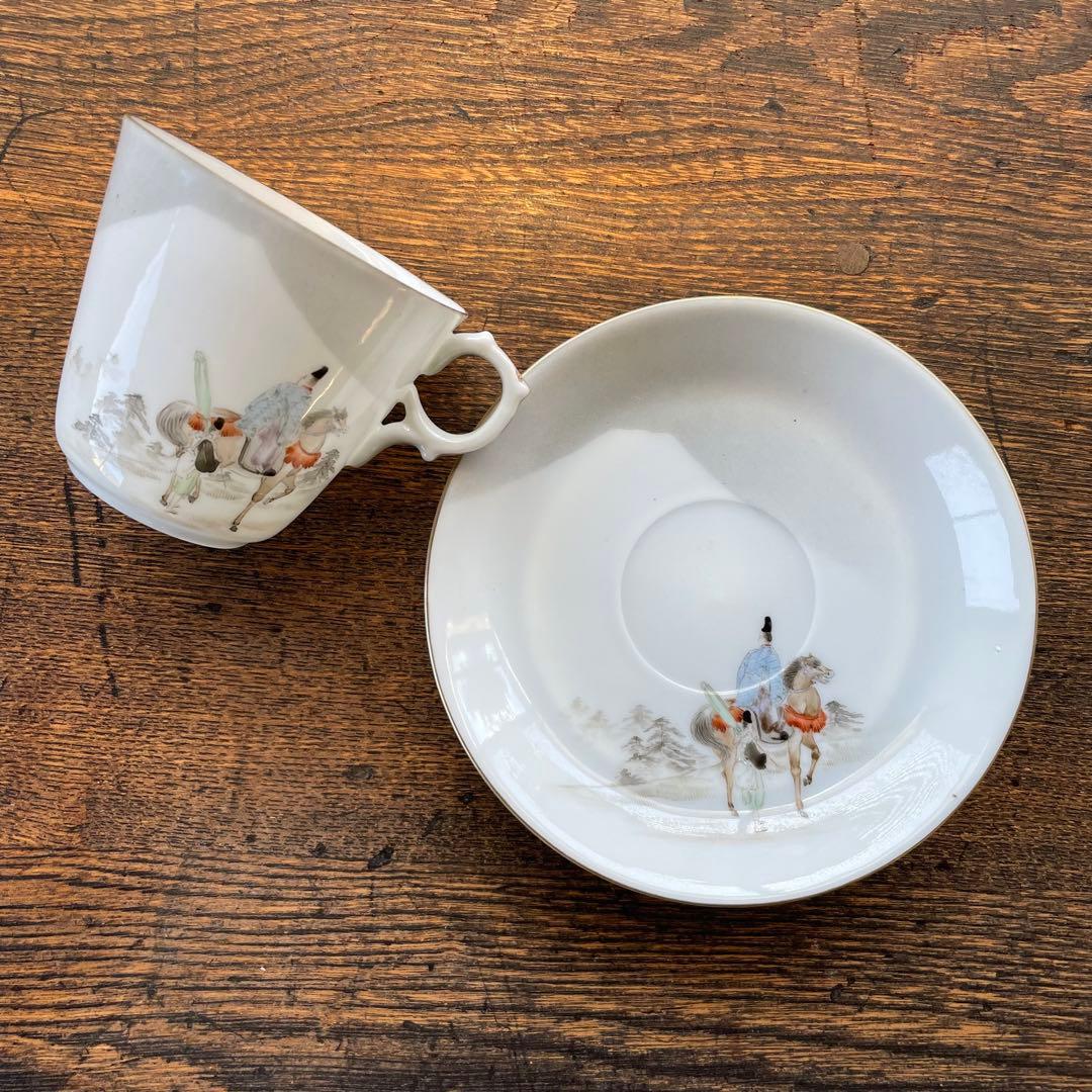 横浜焼 井村製 明治 輸出手 アンティーク カップ＆ソーサー1客  業平東下り図