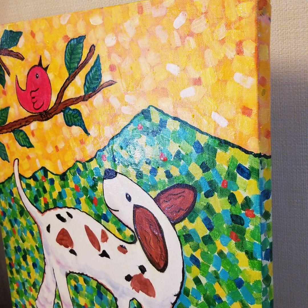 油絵　Yumiko確認　友だちの歌を聴く犬