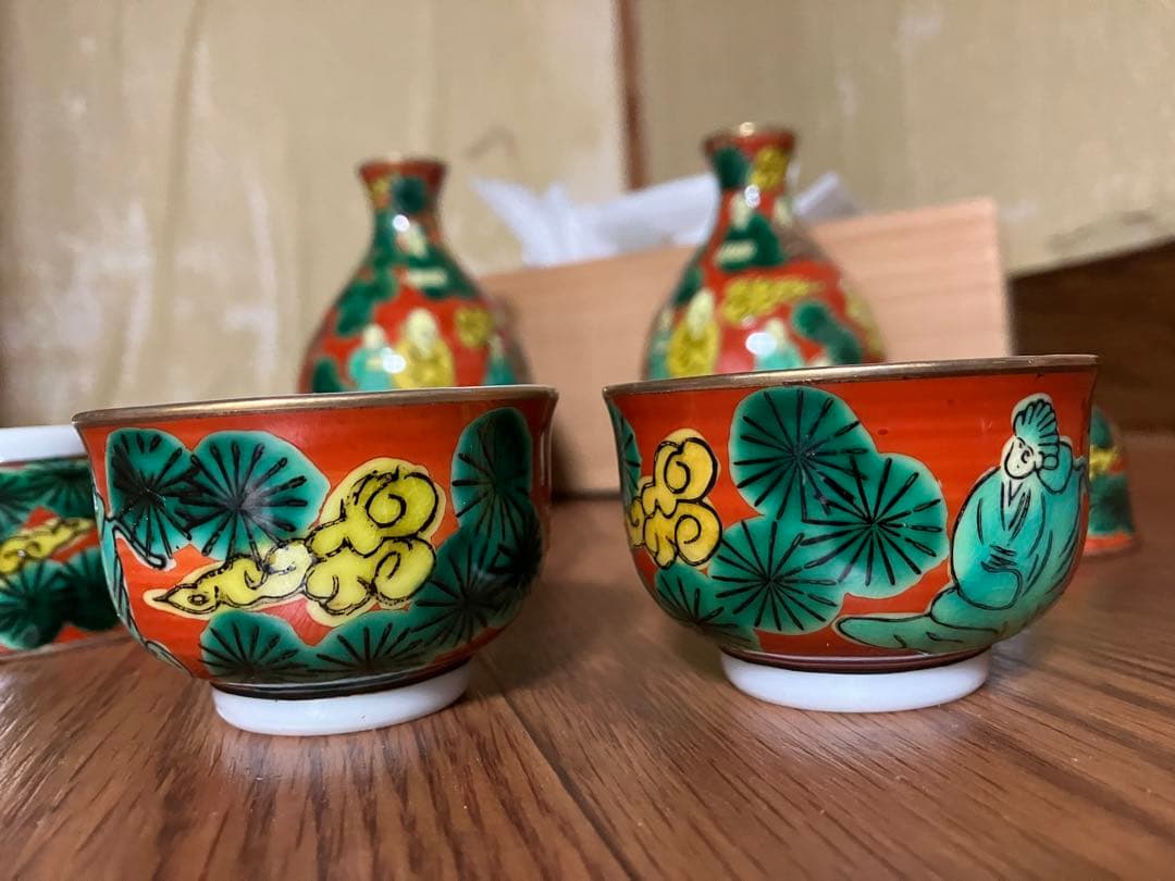 昭和レトロ　アンティーク　青木大米作九谷焼　高級手書き　酒器セット　未使用　木箱