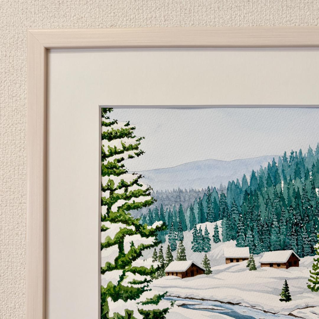 透明水彩画　原画　「雪景色01」額縁付　F4サイズ　風景画