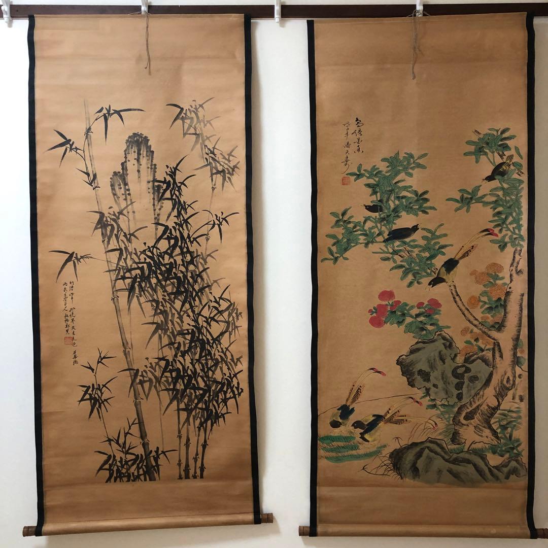 山水絵　大型　名家　潘天寿 鄭板橋　中華民国故宮博物院館藏 掛け軸　2本