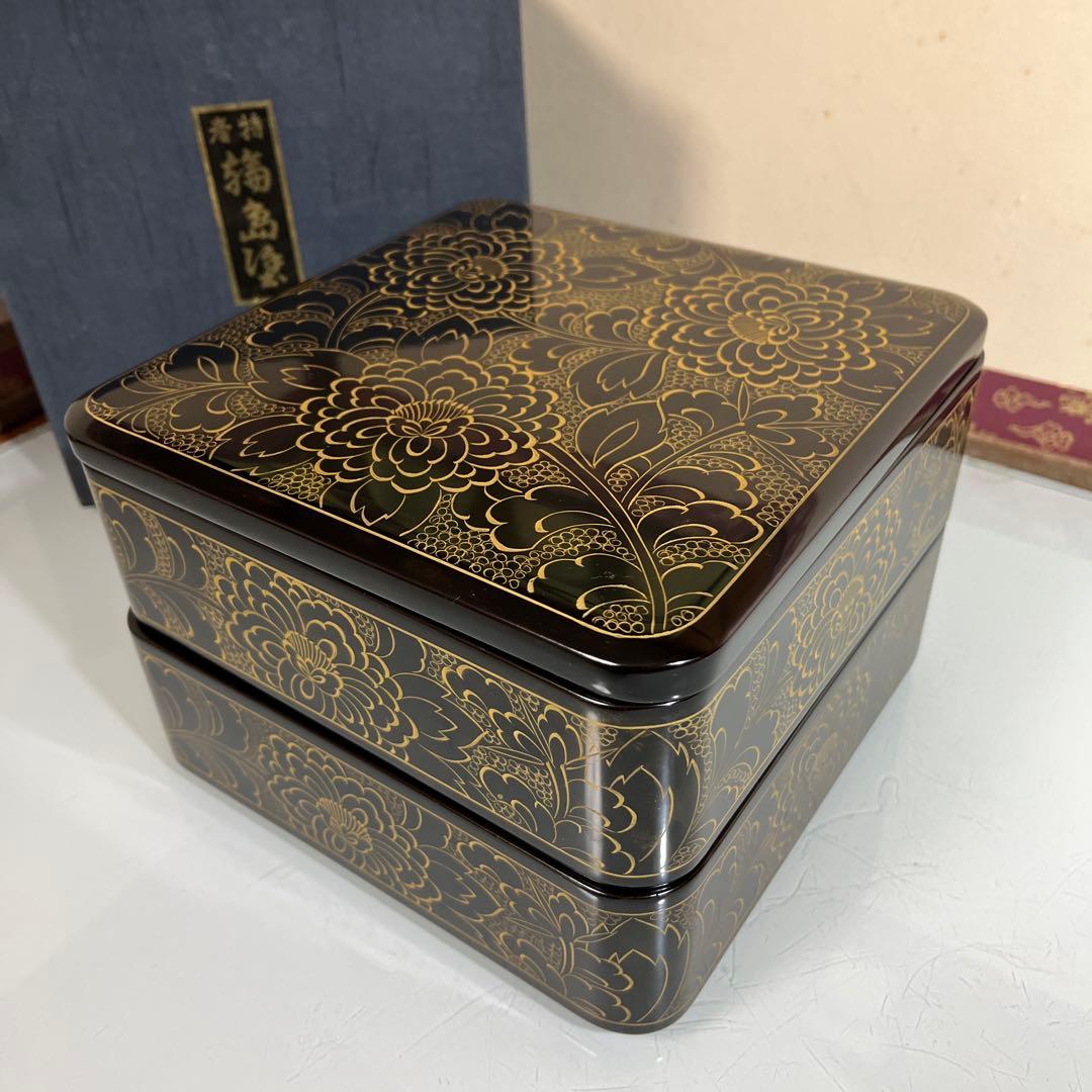 木製漆　輪島塗　沈金牡丹彫　2段重箱