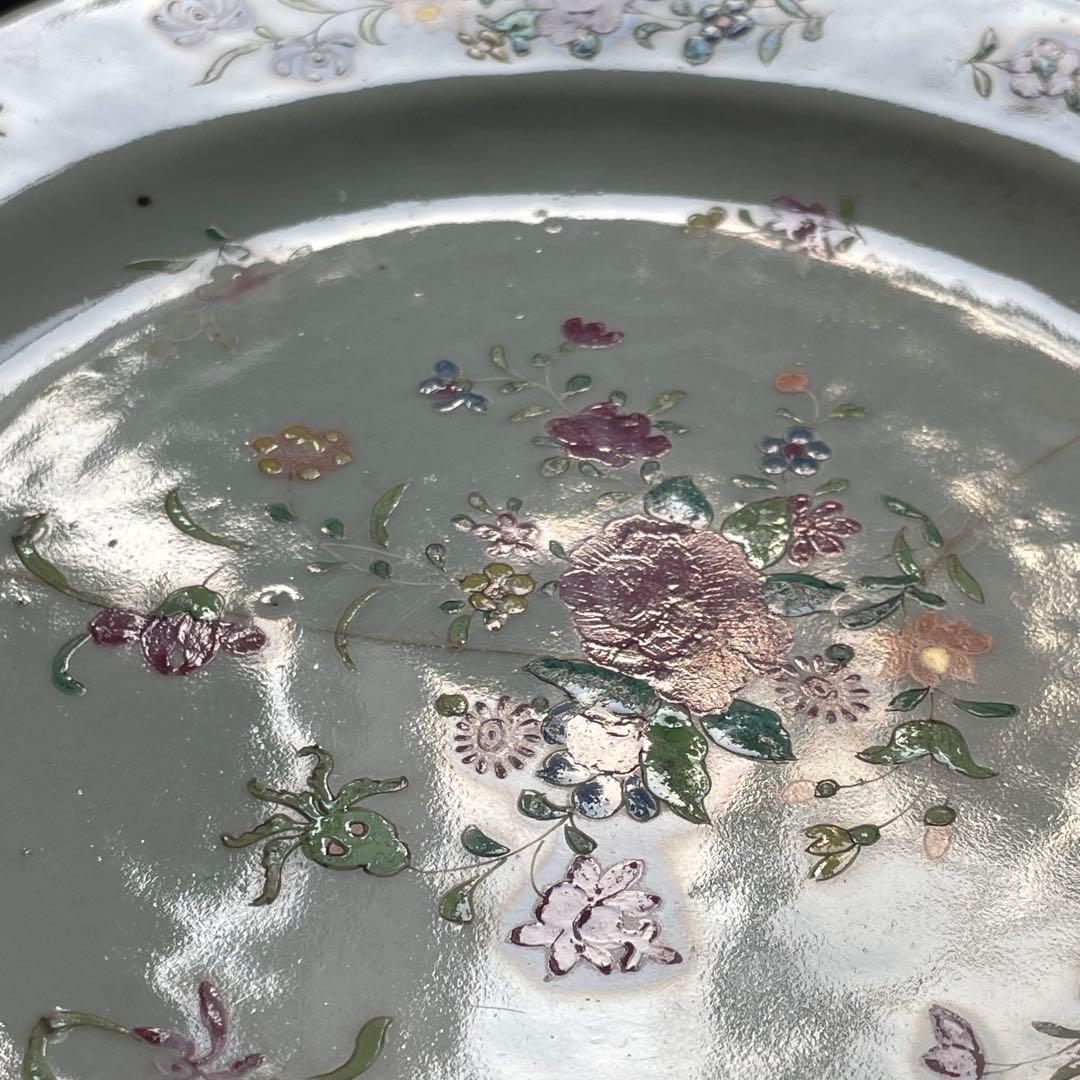 粉彩花柄中皿 清朝 景徳鎮 22cm 中国古玩