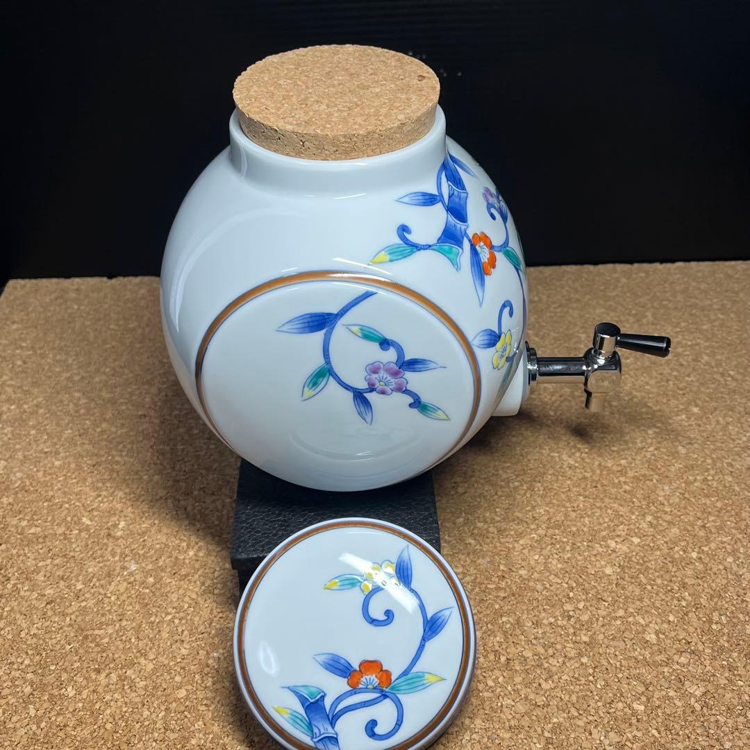 未使用】有田焼.華山萬右衛門窯 染錦枝花酒器/陶器製花枝保冷サーバーセット