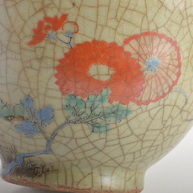 中国　哥窯　青磁　金絲鉄線　花文茶碗　金継ぎ直し　時代箱　C　6602