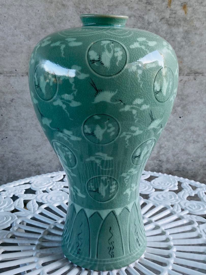 緑色の鶴模様陶器花瓶 約30cm