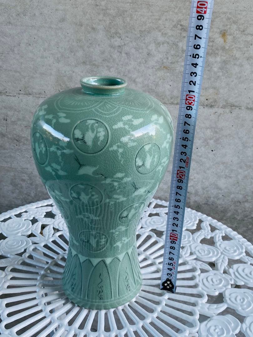 緑色の鶴模様陶器花瓶 約30cm