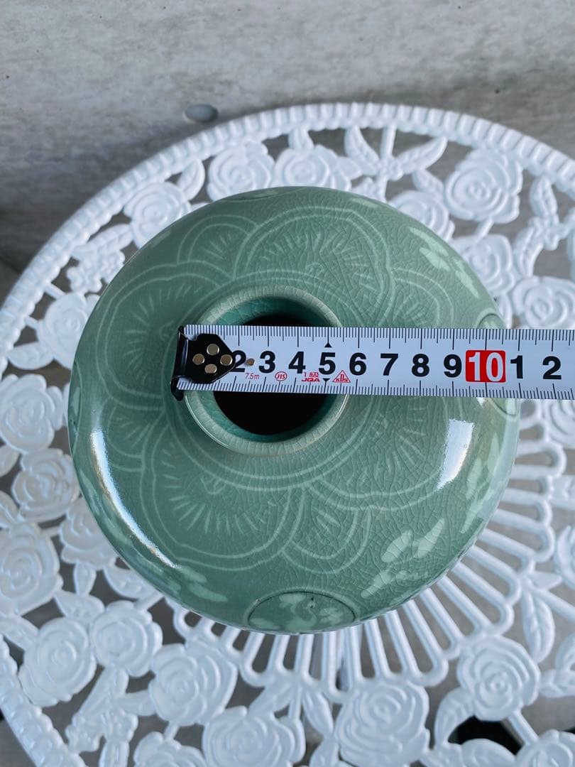 緑色の鶴模様陶器花瓶 約30cm