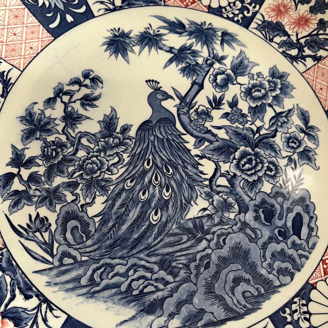 【新品 縁起物 ノベルティ】萬古窯 富永陶園 孔雀 大皿 尺ニ皿 新牡丹花鳥