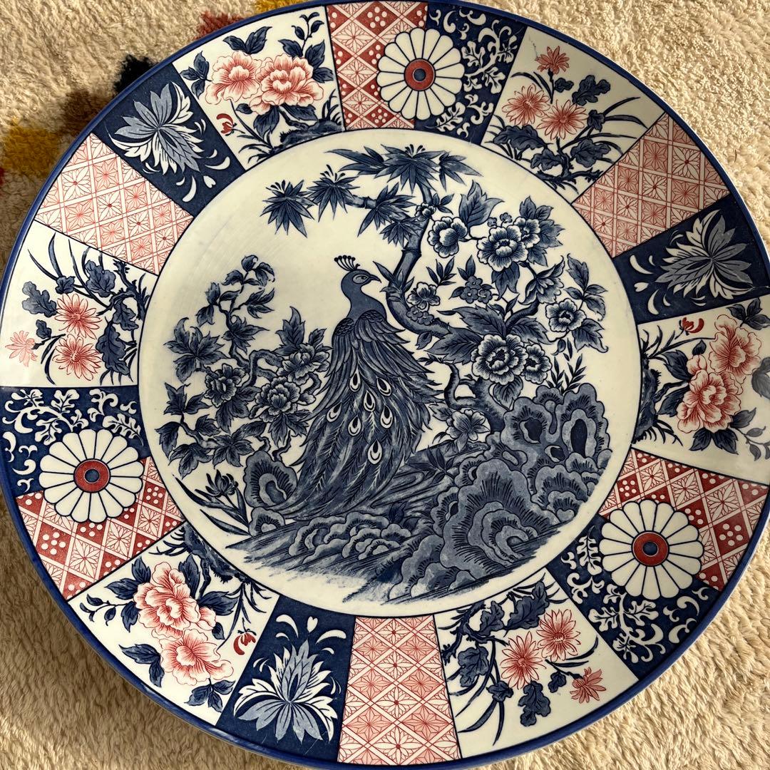 【新品 縁起物 ノベルティ】萬古窯 富永陶園 孔雀 大皿 尺ニ皿 新牡丹花鳥
