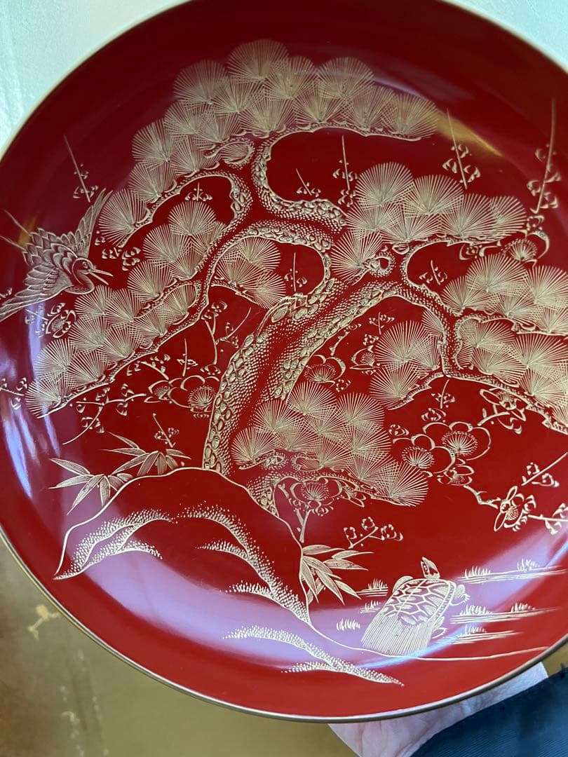 朱塗沈金鶴亀松竹梅文　盃台　五ツ組盃　木箱付　明治時代