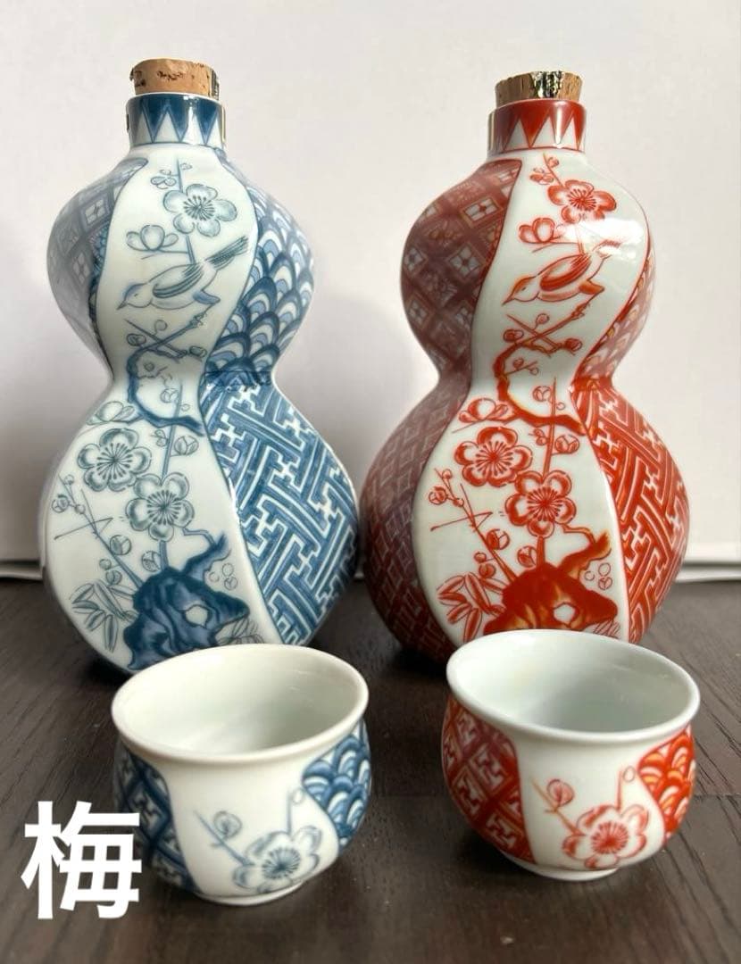 京都・常楽窯 松竹梅六角徳利＋ぐい呑み 各2点セット（赤絵付け・青絵付け）