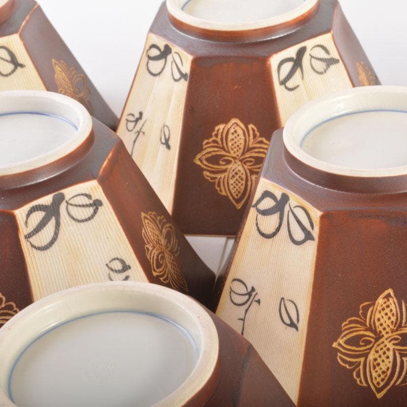 美濃焼　幸兵衛窯　加藤幸兵衛作　鉄絵花草文　八角向付　六客　共箱　C　6857A