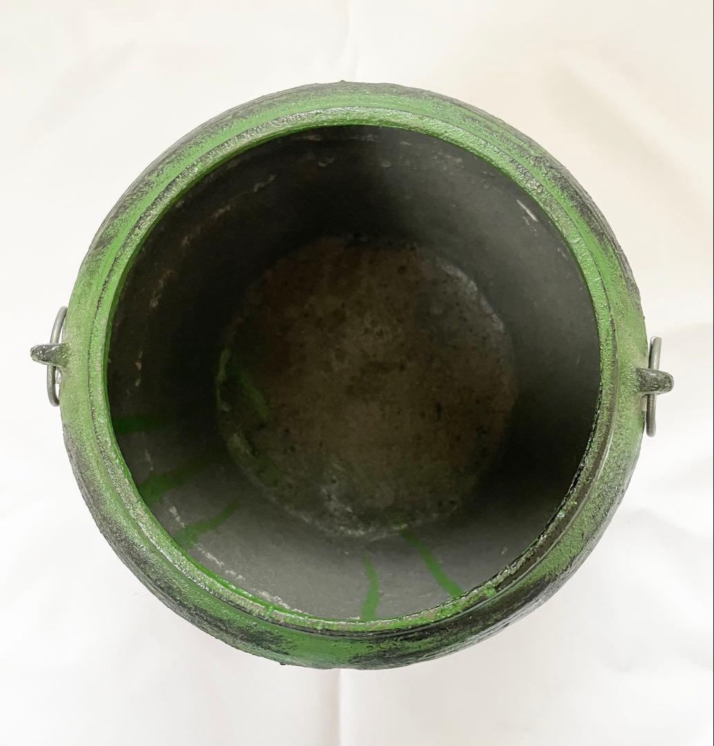 【未使用】東伸販売 緑色の鋳鉄製 宝火消 火消し壺 中 茶釜 茶道 骨董
