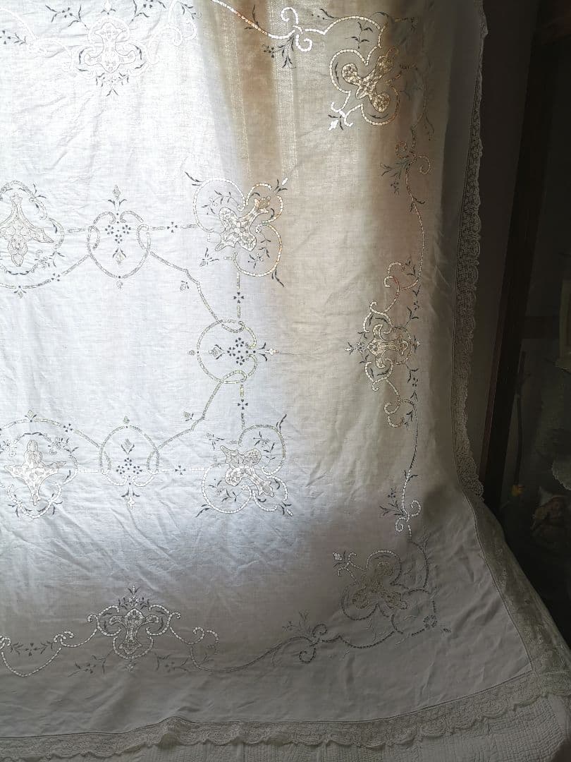 アンティーク ポワンドベニス オープンワーク水色刺繍 超大判クロス フィレレース