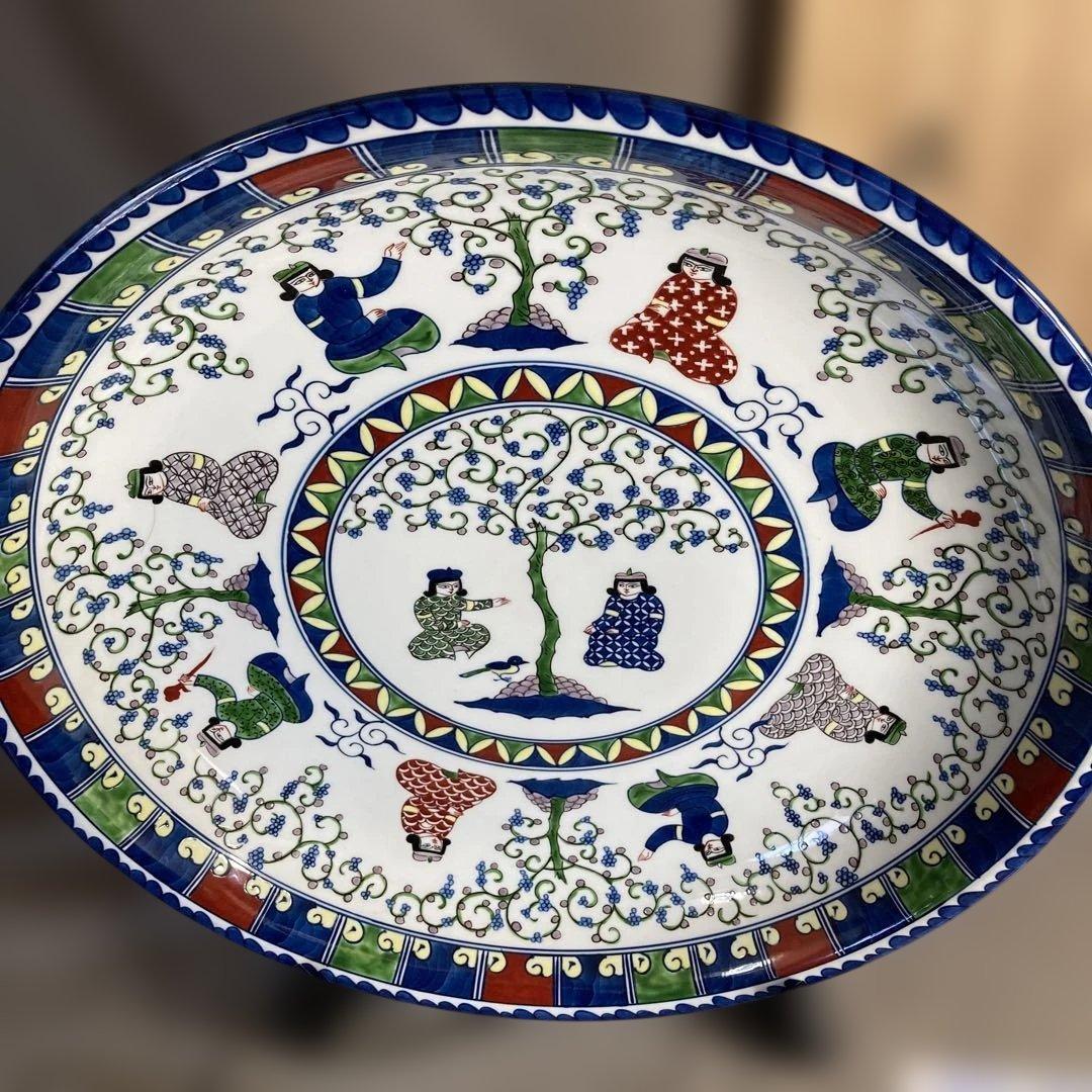 【源右衛門】古伊万里の伝統　名窯　舘林源右衛門作　染錦ミナイ手樹下美人図　特大皿