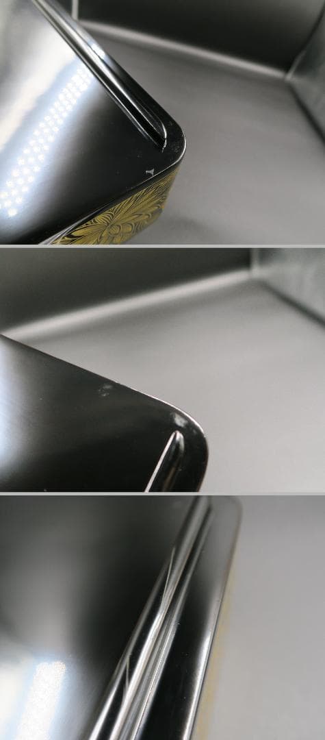 【輪島塗】極上菊詰沈金 四段重箱 内朱塗 蓋二枚 縁網代沈金重台付 天然木 共箱