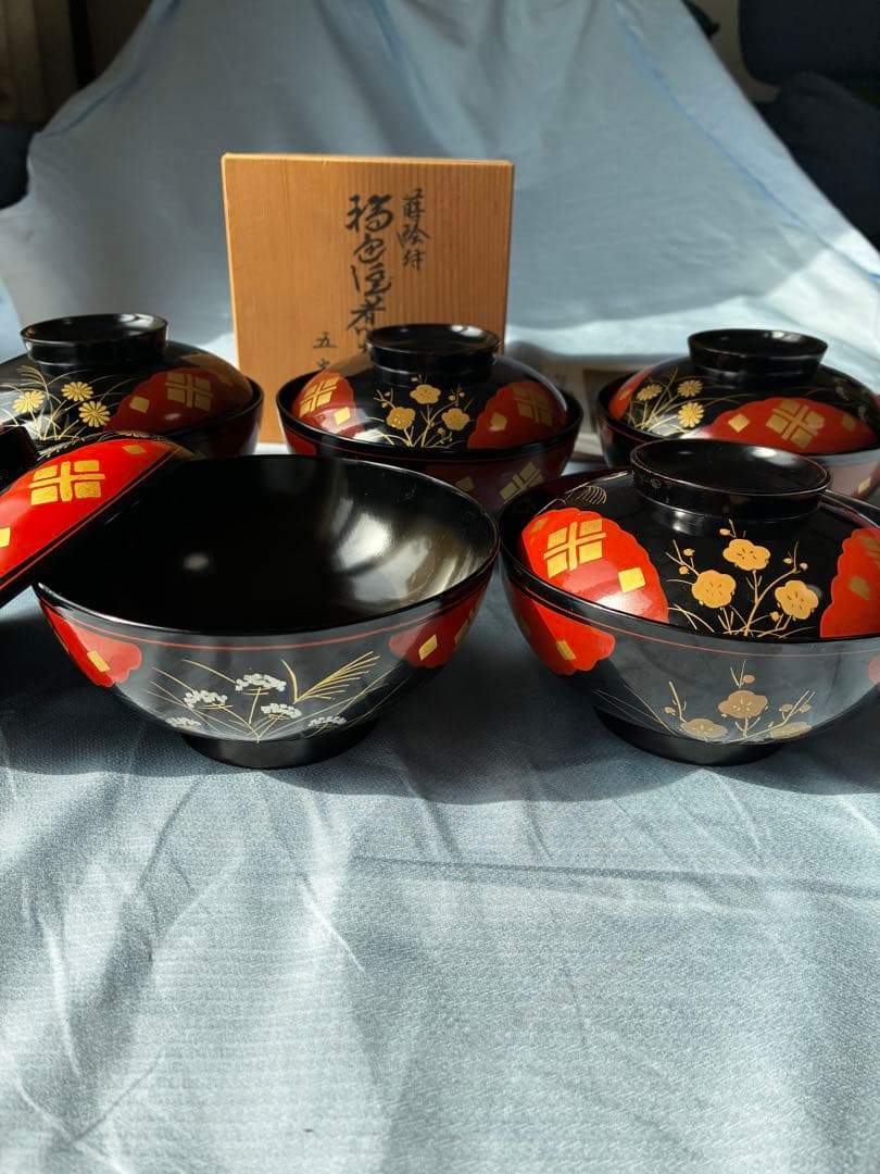 【本物保証】輪島塗 角知作 吸物椀 5客セット 共箱・パンフレット付 椿蒔絵