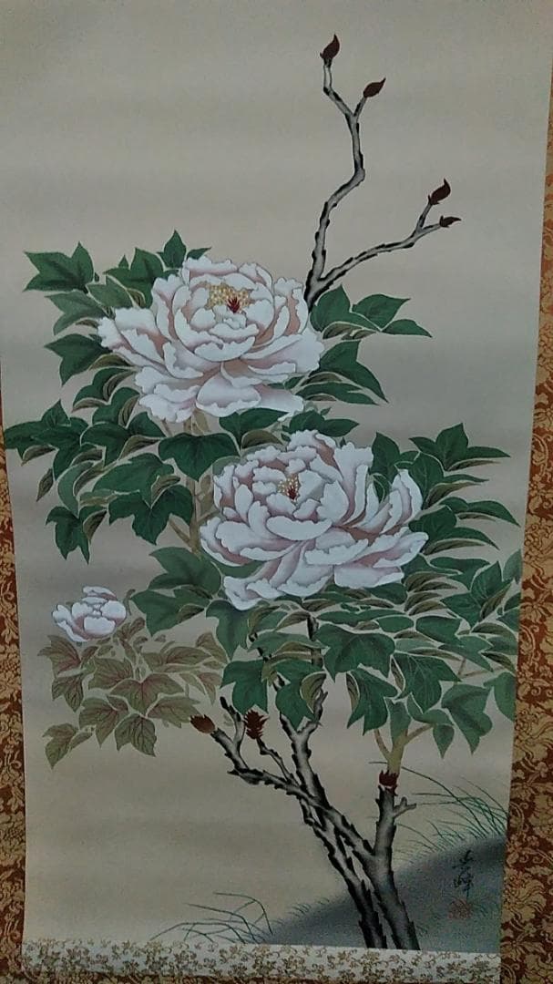 掛軸 春峰『牡丹』風景画 絹本 掛け軸 g08312