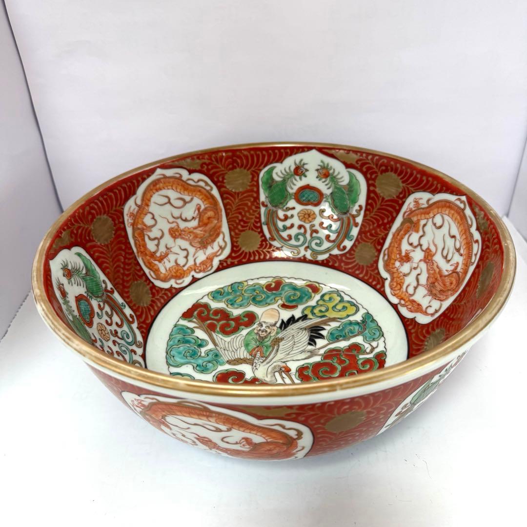 江戸期　古伊万里　金彩色絵　龍鳳文　鶴寿老人30cm 大鉢　送料込み