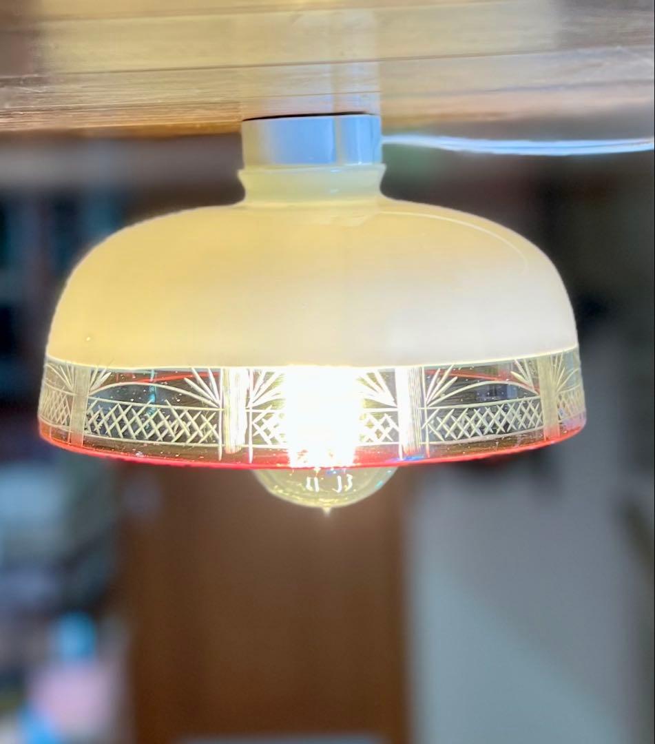 大正ロマン　切子縁赤電笠　和ガラス　灯り　照明　アンティーク　古道具