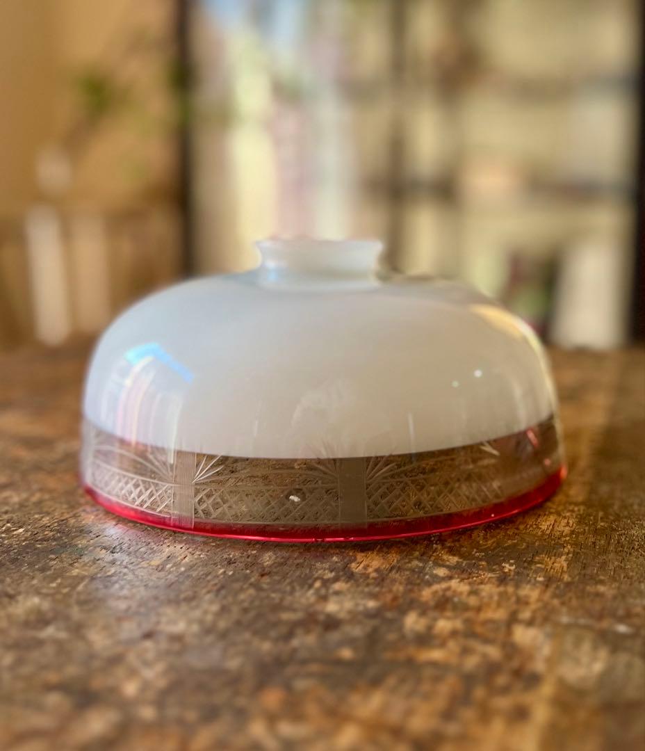 大正ロマン　切子縁赤電笠　和ガラス　灯り　照明　アンティーク　古道具