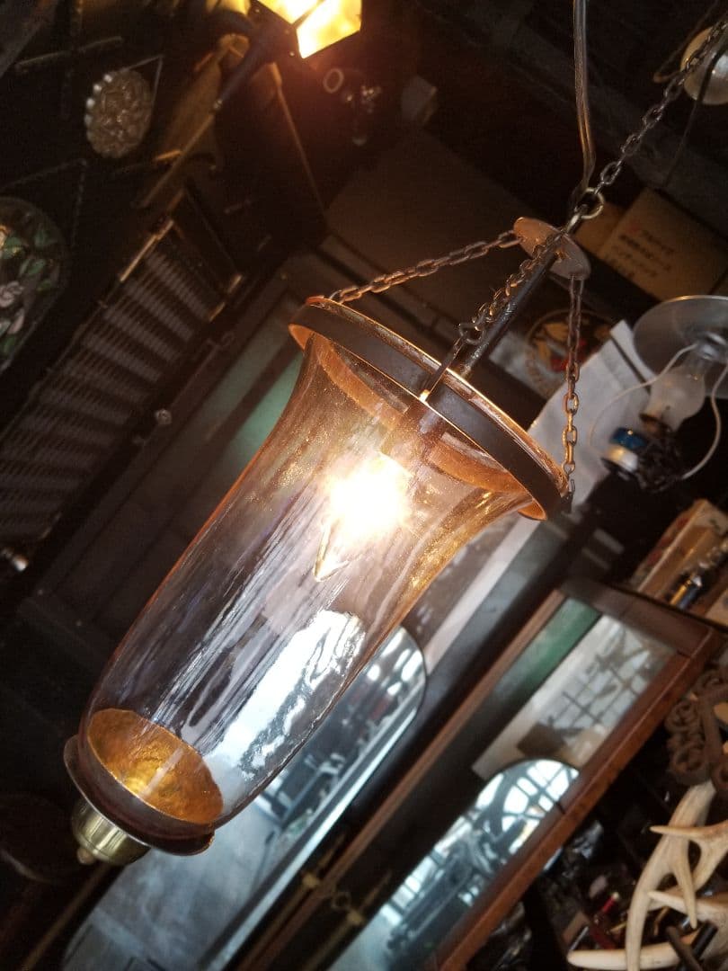 希少　ヴィンテージ　ロートアイアン　釣り鐘　気泡　手吹き　硝子　吊り下げ　ランプ