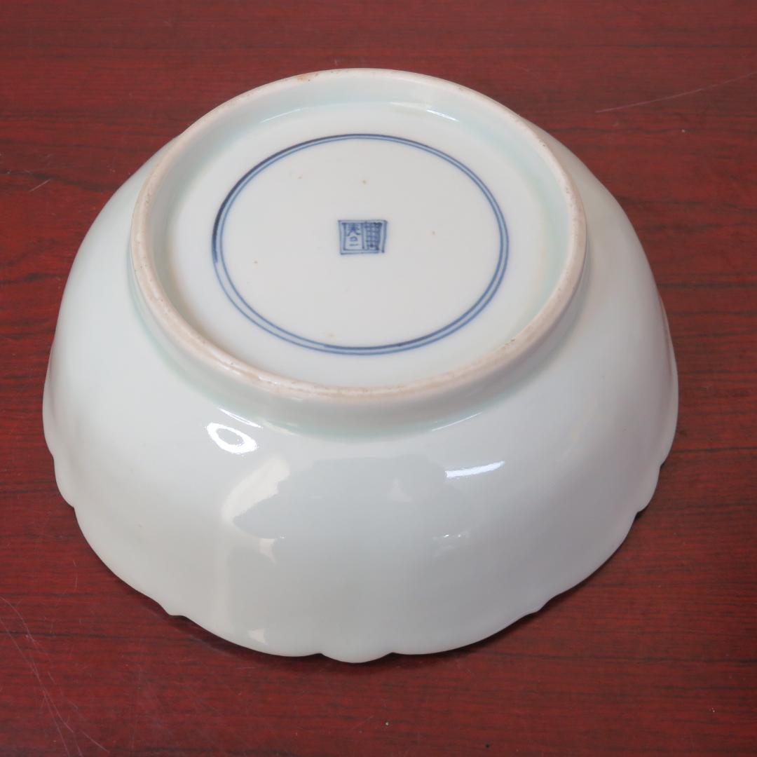 染付 なます皿 2ケ 芙蓉手 明治 花文様 輪花 花弁 唐花草 歪み